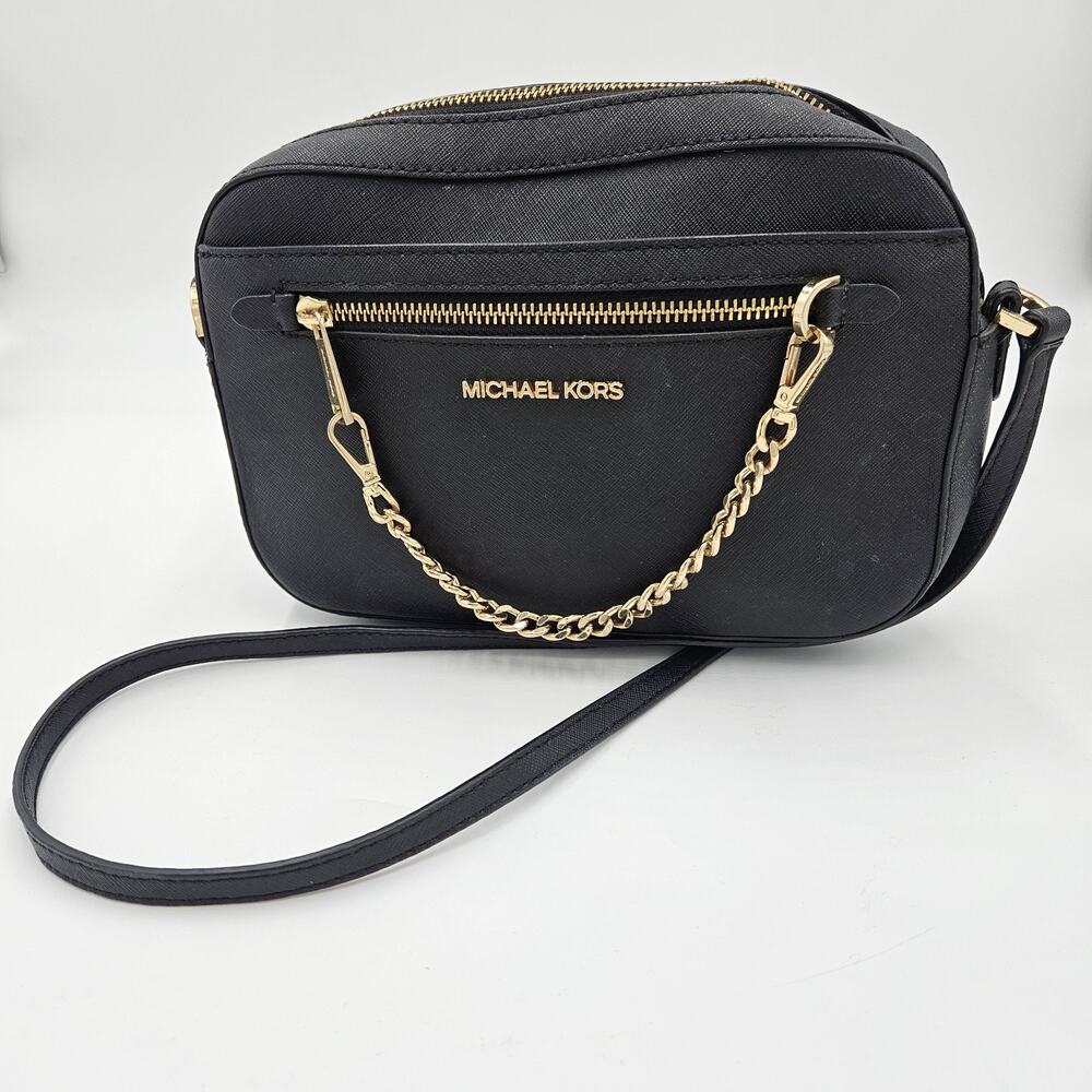 Michael Kors Jet Set Large Saffiano Leather Crossbody Bag Gold Chain Career Glam - Picture 11 of 16